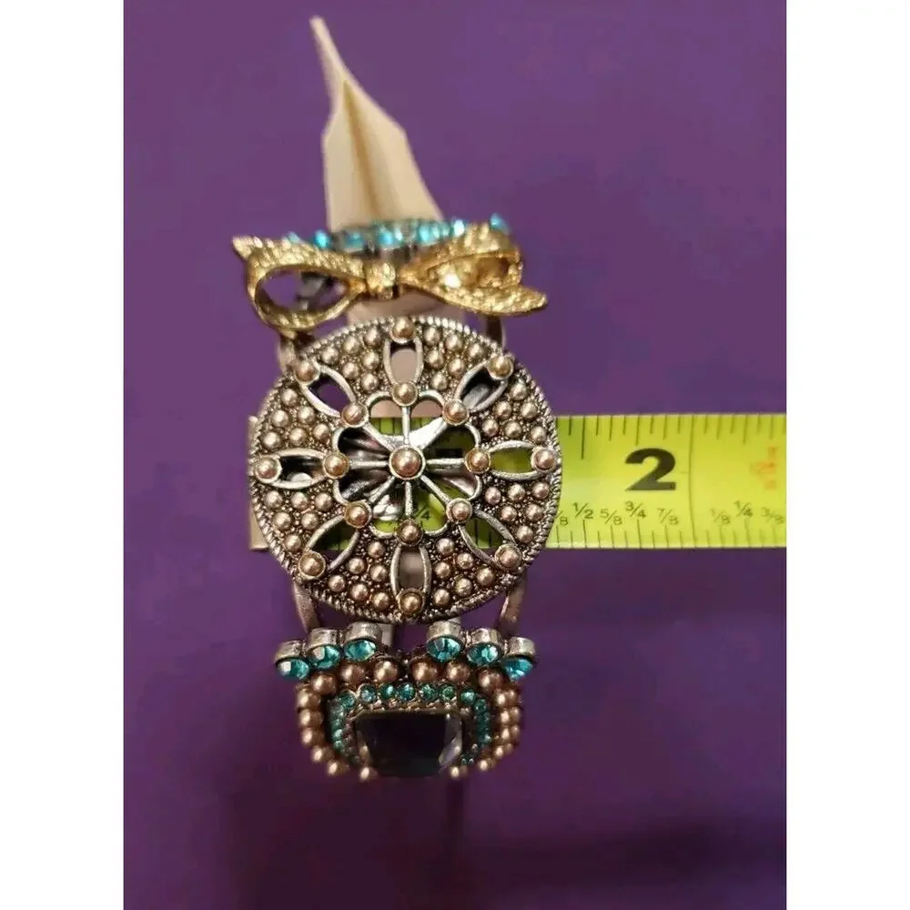 Chunky Ornate Clamper Bangle Bracelet Silver Tone Blue Rhinestones Gold Tone Bow